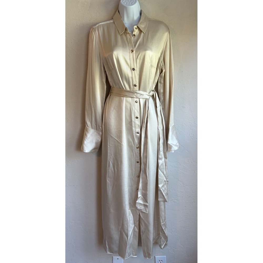 J Crew Drapey Maxi Shirt Dress 10 Satin Quiet Luxury Minimalist Tie Waist Cream